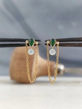 Emerald Moissanite Drop Dangle Earrings | Solid 14K Gold Handmade Fine Jewelry